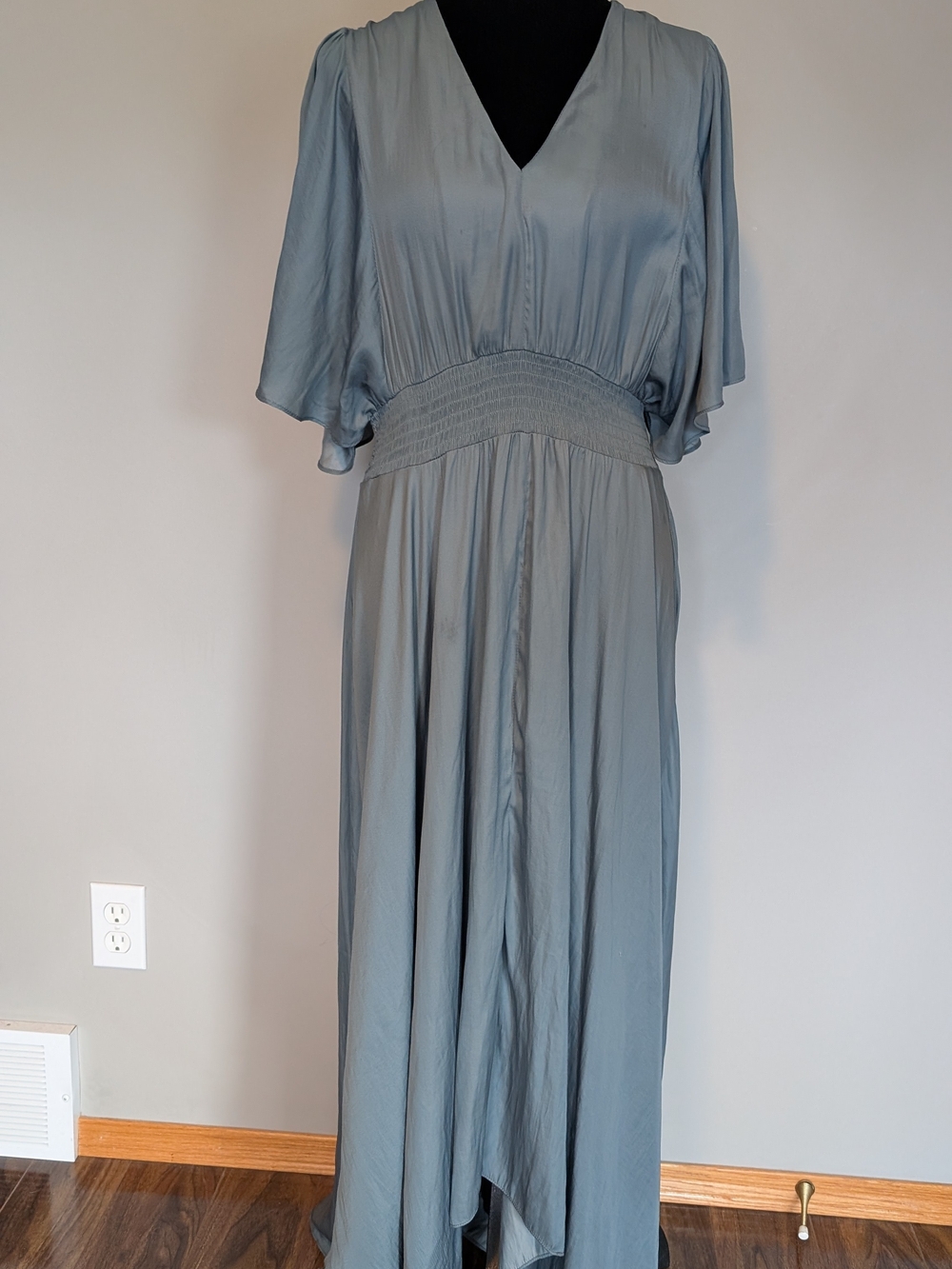 V-Neck Slate Blue-Grey Maxi Dress with Smocked Waist